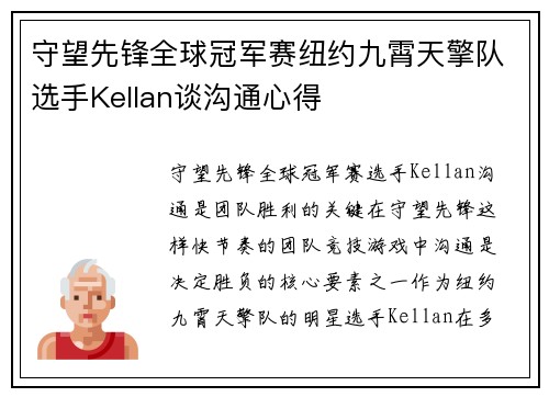 守望先锋全球冠军赛纽约九霄天擎队选手Kellan谈沟通心得