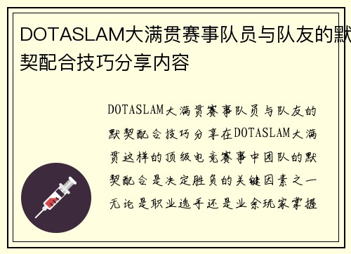 DOTASLAM大满贯赛事队员与队友的默契配合技巧分享内容